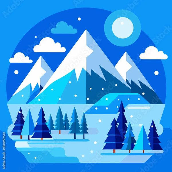 Obraz Flat vector art of winter landscape with falling snow and blue mountains.