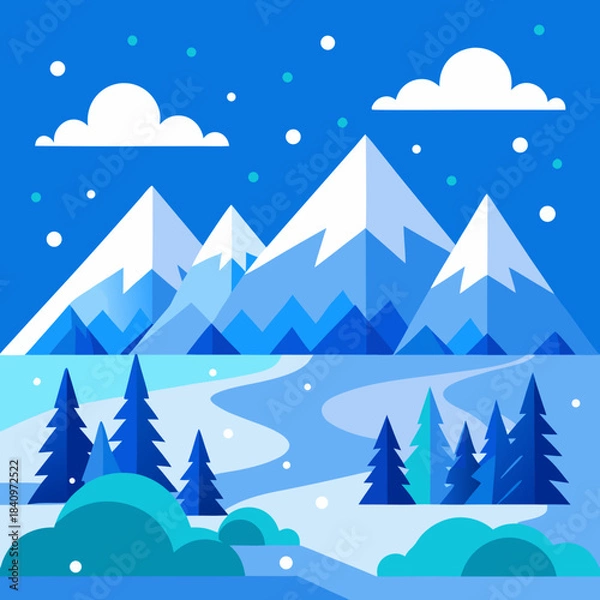 Obraz Flat vector art of winter landscape with falling snow and blue mountains.