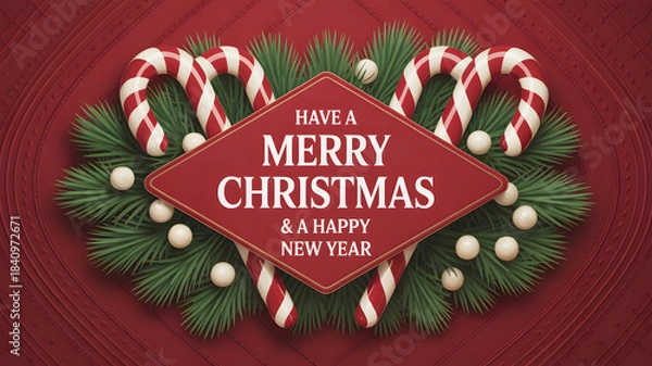 Fototapeta Rustic christmas greetings: candy canes and pine wreath on festive red background