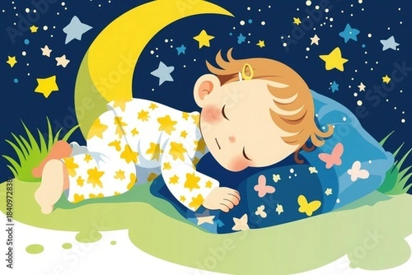 Fototapeta cute cartoon baby sleeping on crescent moon with stars and butterflies in colorful flat illustration for nursery decor and children's projects