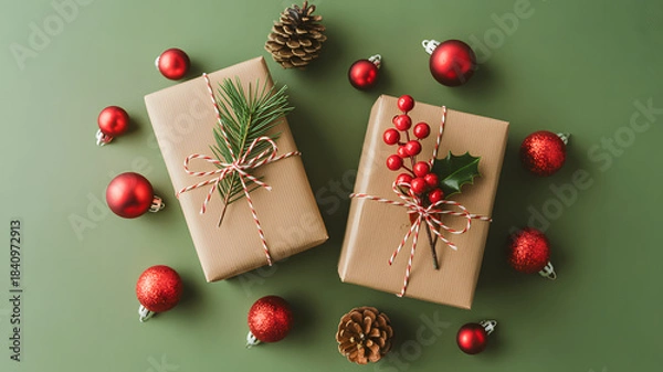 Fototapeta Elegant christmas gifts with rustic crafted wrapping and festive decorations