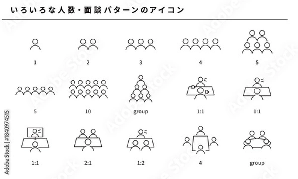 Obraz いろいろな人数、面談パターンのシンプルアイコンセット素材
