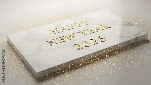 Fototapeta Happy New Year 2026 golden text on white marble slab with glitter