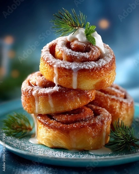 Fototapeta Stacked Cinnamon Rolls with Icing and Pine on Plate