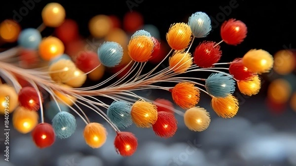 Fototapeta Colorful Glowing Spheres Connected by Fibers on Dark Background with Bokeh