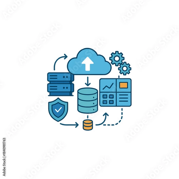 Obraz Cloud Data Infrastructure With Servers, Security, And Analytics Dashboard Illustration