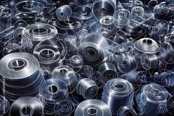 Fototapeta Stainless steel spools and bobbins, cinematic lighting, suitable for digital art design