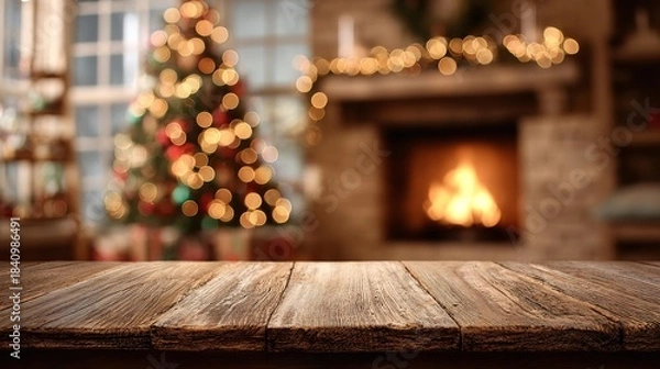 Obraz Warm christmas fireplace scene with wooden table foreground