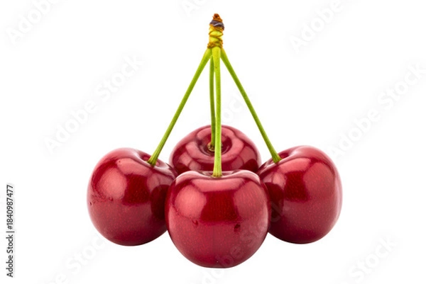 Fototapeta Three fresh ripe red sweet cherries attached by green stems isolated on a transparent background
