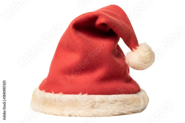Fototapeta Red soft fabric holiday hat with white fur trim and ball isolated on a transparent background