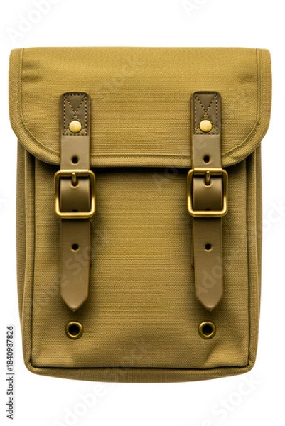 Fototapeta Tan canvas satchel bag with leather straps and buckles isolated on a transparent background