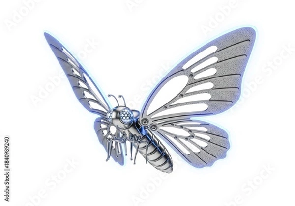 Obraz A metallic mechanical butterfly with intricate details, isolated on white background, embodies a fusion of nature and industrial design aesthetics
