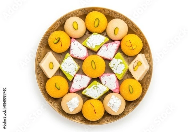 Obraz Top view of assorted indian sweets isolated on white background, a colorful and delicious collection of traditional desserts in a bowl