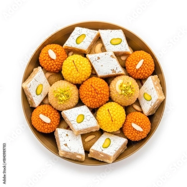 Obraz Overhead shot of a golden bowl filled with an assortment of colorful and delicious indian sweets isolated on white background
