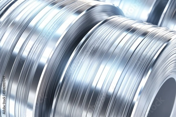 Fototapeta close-up of steel strip rolls on production line with shiny surface and thinness for industrial materials and manufacturing design