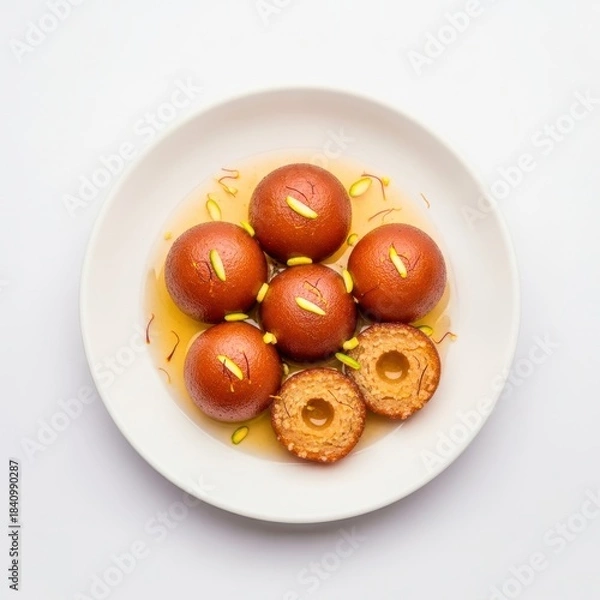 Obraz Gulab jamun isolated on white background, a popular dessert in india, served on a white plate with saffron and pistachio garnish