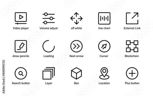 Obraz Modern digital interface icon set. Clean navigation tools, communication signs, media controls, and interactive UI elements