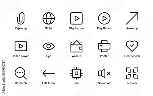 Obraz Essential UI interface icon pack. Alerts, tags, controls, navigation, media, and versatile interactive elements