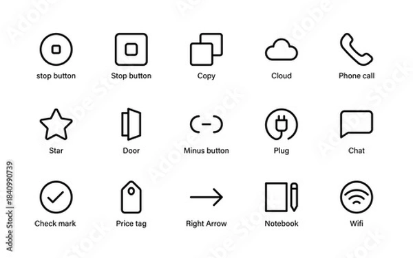 Fototapeta Modern minimal UI icons set. Clean action symbols, navigation tools, media controls, and practical interface components