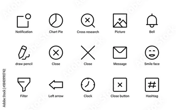 Obraz Modern UI interface icons collection. Navigation tools, action controls, media symbols, gestures, and essential interface elements