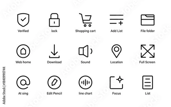Fototapeta Clean UI component icons set. Practical action signs, navigation markers, media controls, and functional interface symbols