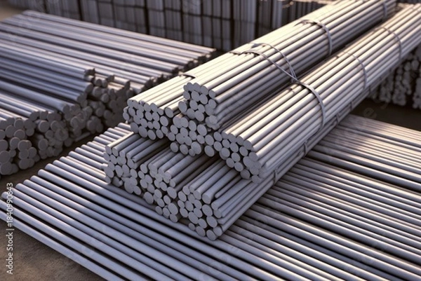 Fototapeta stacked steel round bars in warehouse with industrial atmosphere and photorealistic 3d rendering for construction and material design