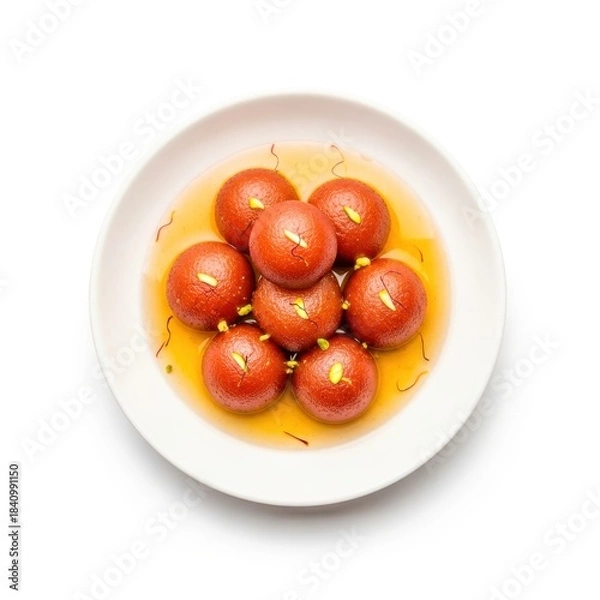 Obraz Topdown view of gulab jamun, a popular indian dessert, isolated on white background, featuring a sweet, syrupy treat in a white bowl