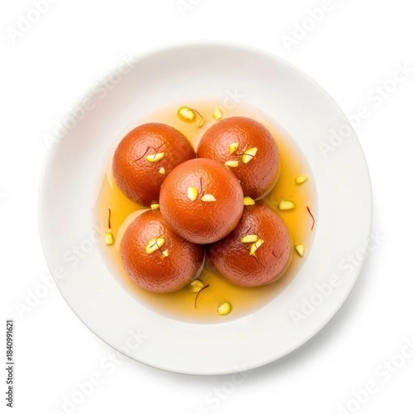 Obraz Aerial view of gulab jamun, a popular indian dessert, isolated on white background, garnished with pistachios and saffron, served in a white bowl