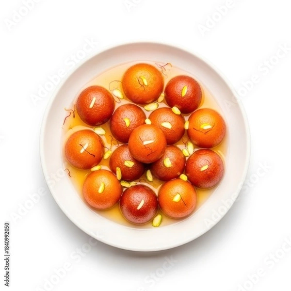 Obraz Gulab jamun isolated on white background, a sweet dish from the indian subcontinent, garnished with saffron and pistachio for a festive touch