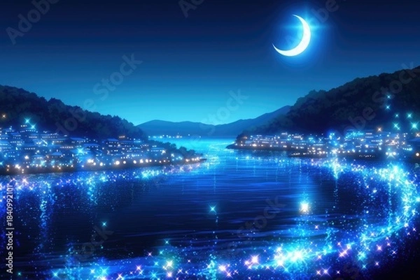 Fototapeta A starry night sky, a blue river flowing through hills, city streetlights adding to the dreamy and beautiful atmosphere, perfect for animation and creative design