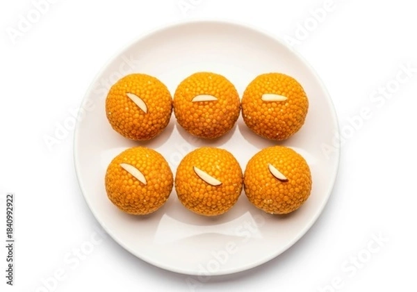 Obraz Six delicious motichoor ladoos isolated on white background, a popular indian sweet made from tiny fried balls of gram flour and sugar syrup