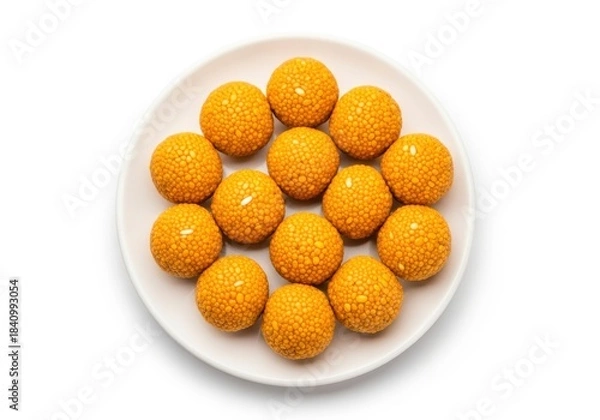 Obraz An overhead shot of a white plate piled high with til laddu, a popular indian sweet, isolated on white background