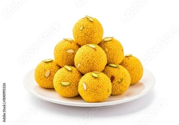 Obraz A stack of nine motichoor ladoos isolated on white background, a traditional indian sweet made from gram flour, sugar, and nuts, served on a plate