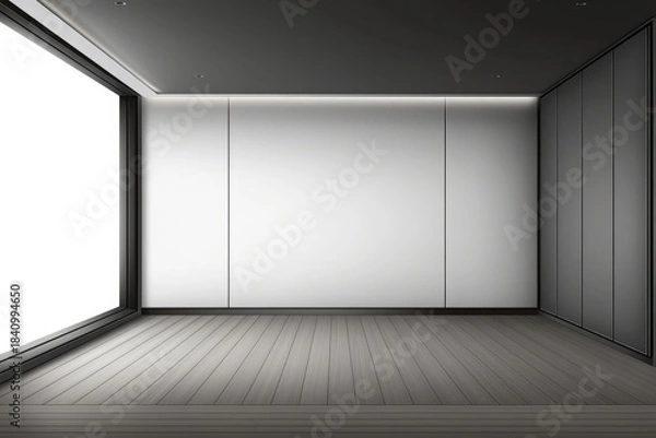Fototapeta empty room interior with large white wall, dark gray wooden floor, side window and ceiling led lighting for minimalist design and modern architecture