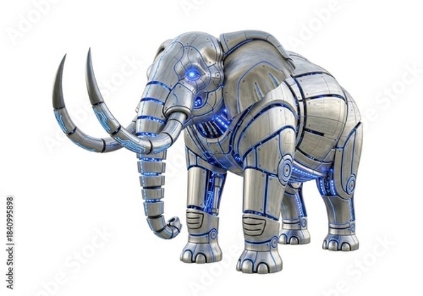 Obraz A majestic robotic mammoth with glowing blue accents, standing tall and proud isolated on white background, a marvel of engineering