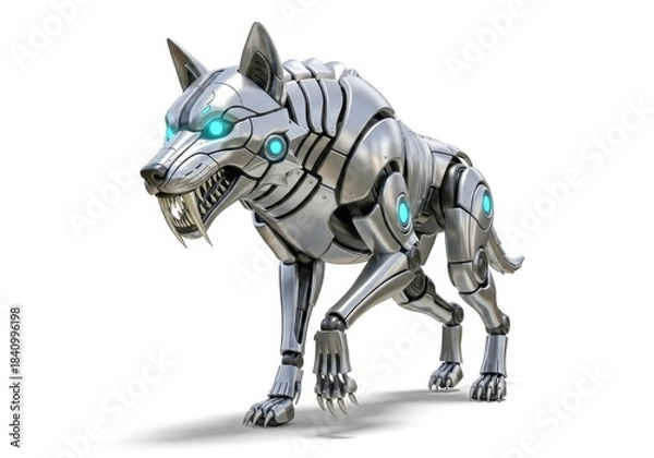 Obraz A menacing robotic wolf with glowing blue eyes, poised and ready to strike isolated on white background, a symbol of power and agility