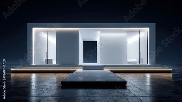 Fototapeta Modern Minimalist White Building Facade Illuminated by Soft Neon Lights Reflecting on Wet Ground