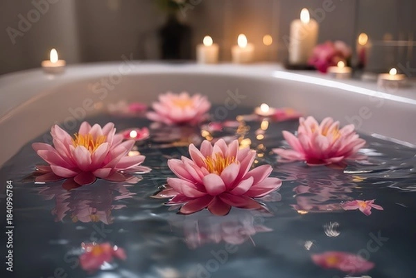 Fototapeta Pink Water Lilies Floating In A Bathtub Surrounded By Lit Candles Soft Ambient Light Creating Serene Ambiance
