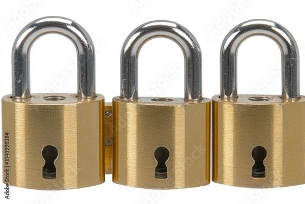 Fototapeta Three brass padlocks with a refined metallic texture; the white background complements the security and hardware design