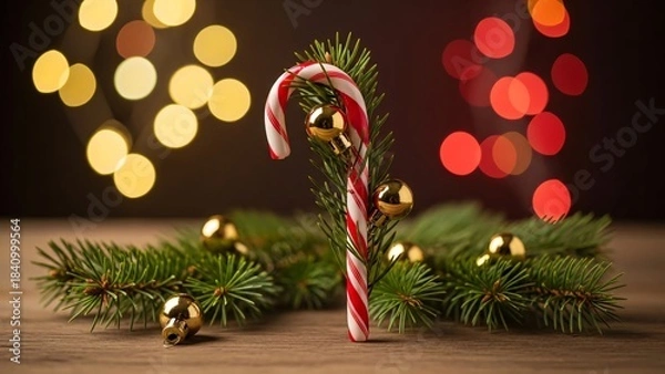 Fototapeta Festive Christmas Candy Cane with Green Fir Branches and Golden Ornaments on a Wooden Table with Bokeh Lights.