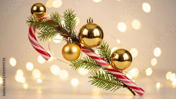 Fototapeta Christmas branch with golden balls and candy canes on a bokeh background.