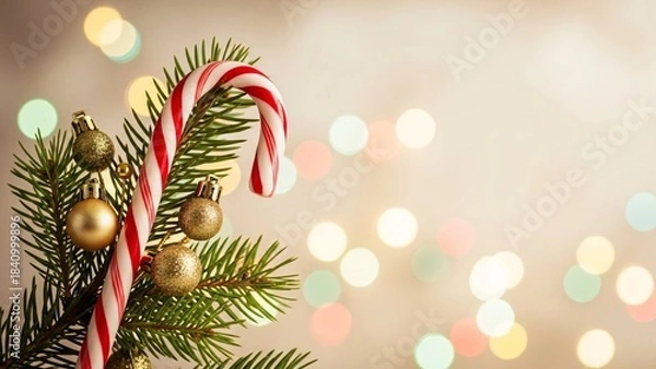Fototapeta Festive Christmas Tree Branch with Candy Cane and Golden Ornaments Against Bokeh Lights.