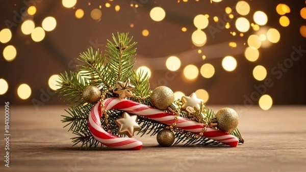 Fototapeta Christmas festive background with fir branches, candy canes, and golden ornaments on a wooden table with bokeh lights.