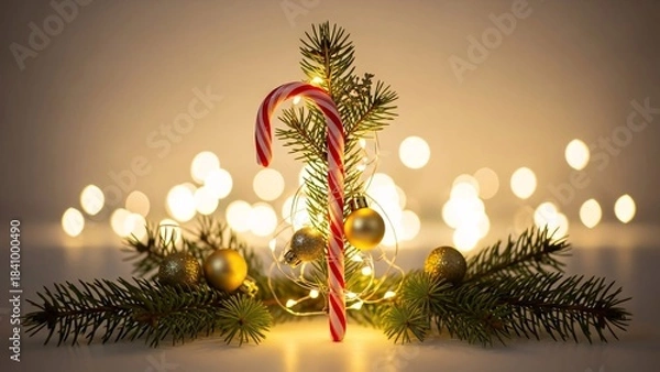 Fototapeta Festive Christmas Candy Cane with Pine Branches and Bokeh Lights.
