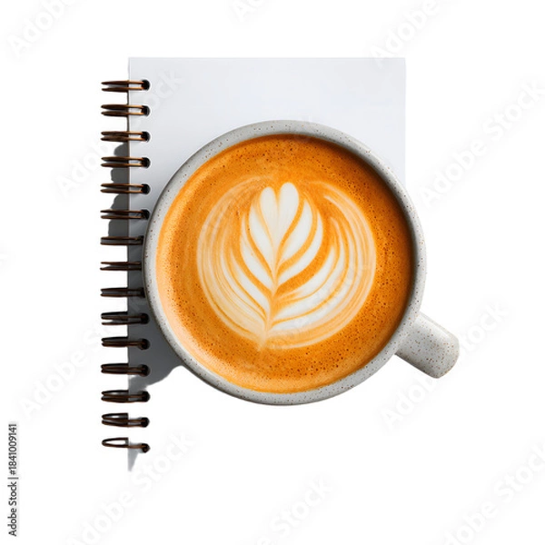 Obraz Elegant Latte Art Coffee Cup and Spiral Notebook Morning Inspiration