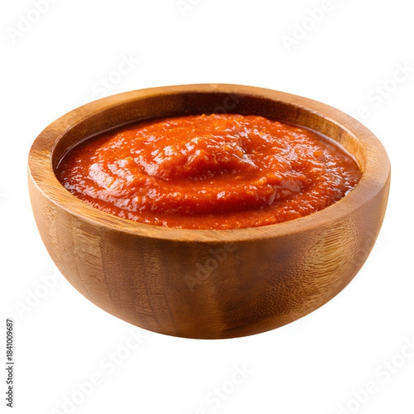 Obraz Gourmet Red Pepper Sauce in Wooden Bowl Close-Up View for Culinary Designs