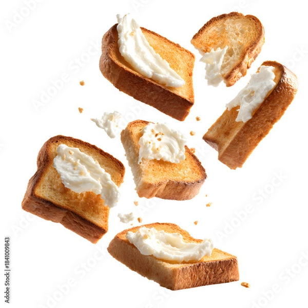 Obraz Delicious Toasted Bread Slices with Cream Cheese in Midair
