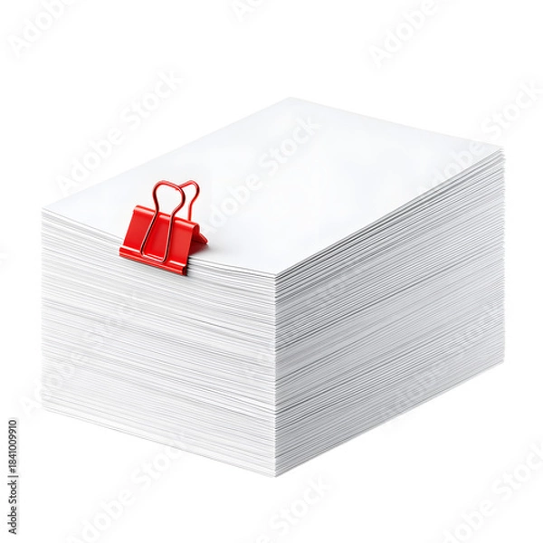 Obraz Neat Stack of Blank White Papers with Red Binder Clip - Professional Office Document Organization Concept