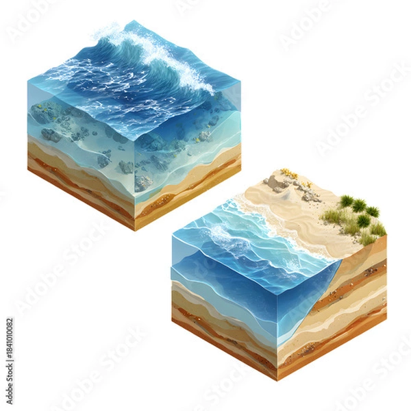 Obraz Isometric Ocean Water and Sand Layers Viewed from Two Angles