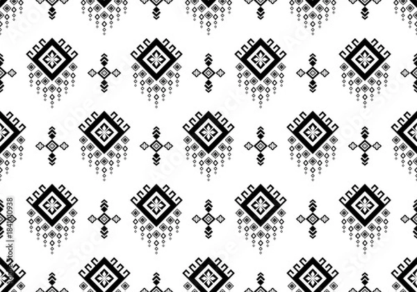 Obraz black white geometric, Monochrome Tribal Geometric Seamless Repeat Pattern.